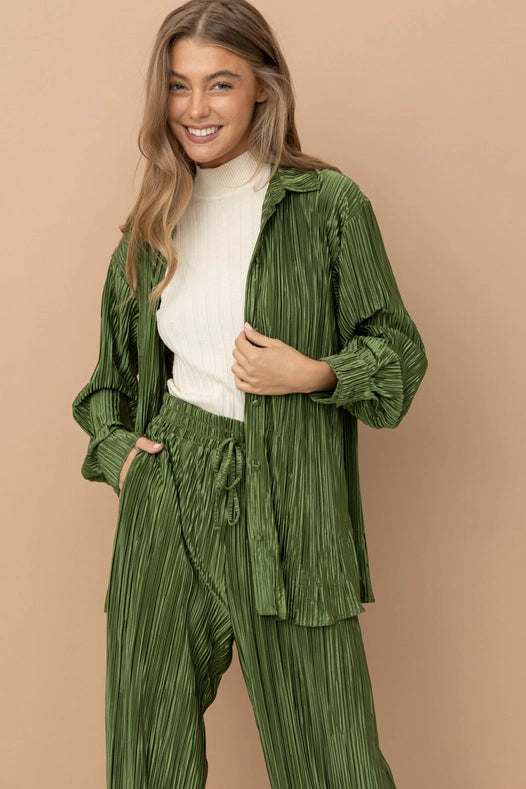 Accordion Pleat Button Blouse Pant Lounge Set Olive-Set-Blue B-S-OLIVE-Urbanheer