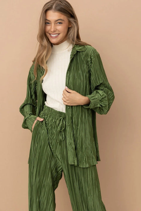 Accordion Pleat Button Blouse Pant Lounge Set Olive-Set-Blue B-S-OLIVE-Urbanheer