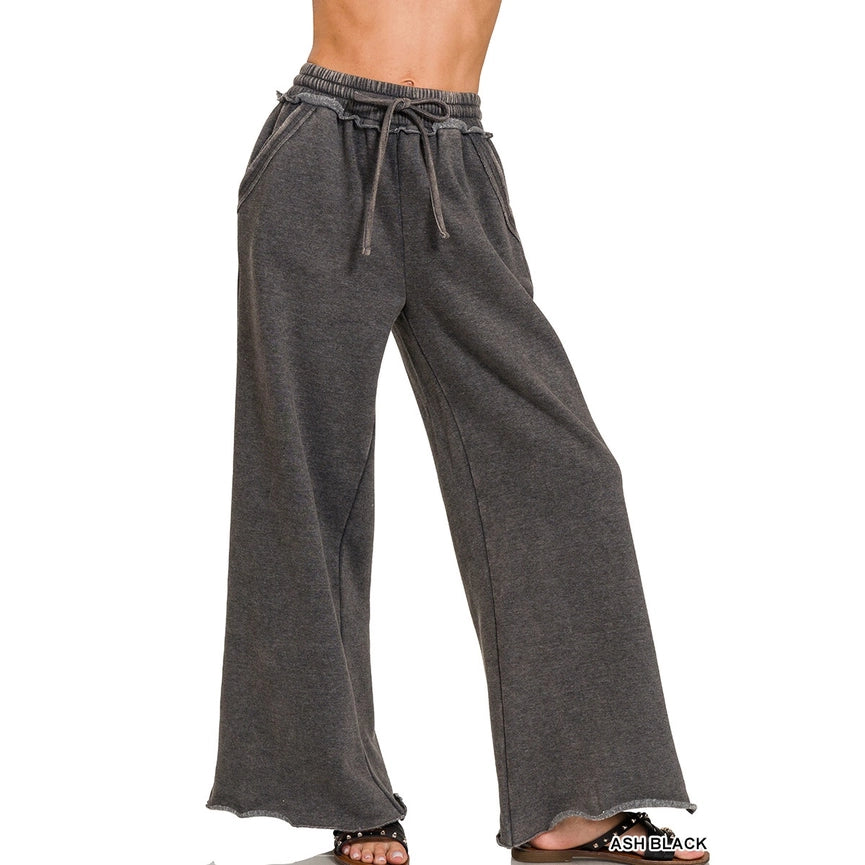 Acid Wash Fleece Palazzo Sweatpants with Pockets-Pants-Apolline-S-ASH BLACK-Urbanheer