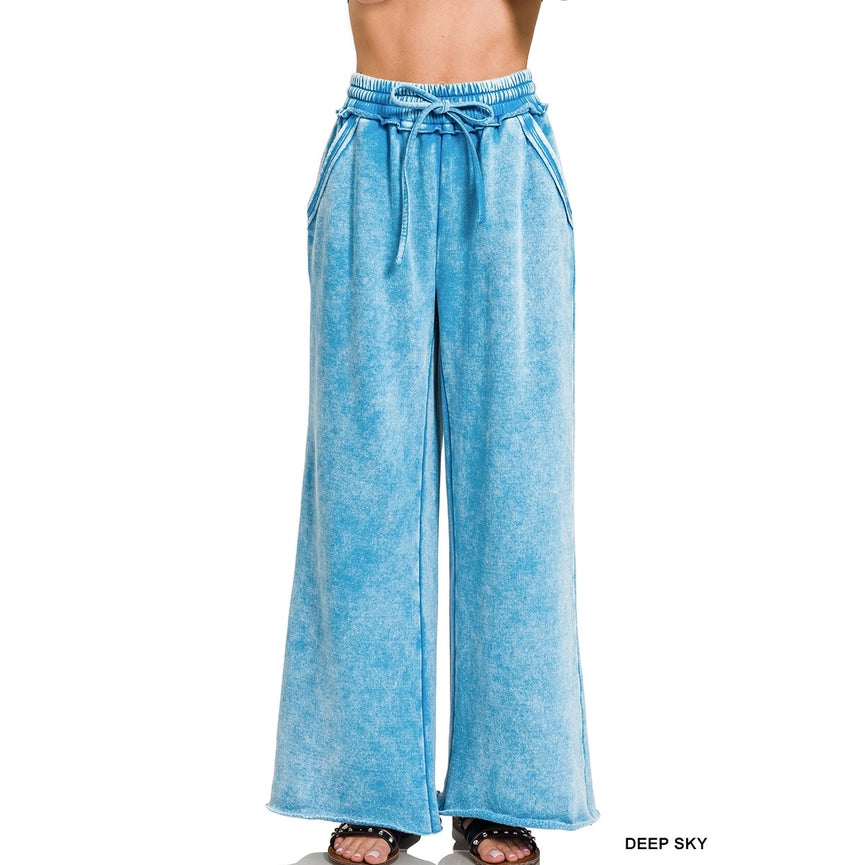 Acid Wash Fleece Palazzo Sweatpants with Pockets-Pants-Apolline-S-DEEP SKY-Urbanheer