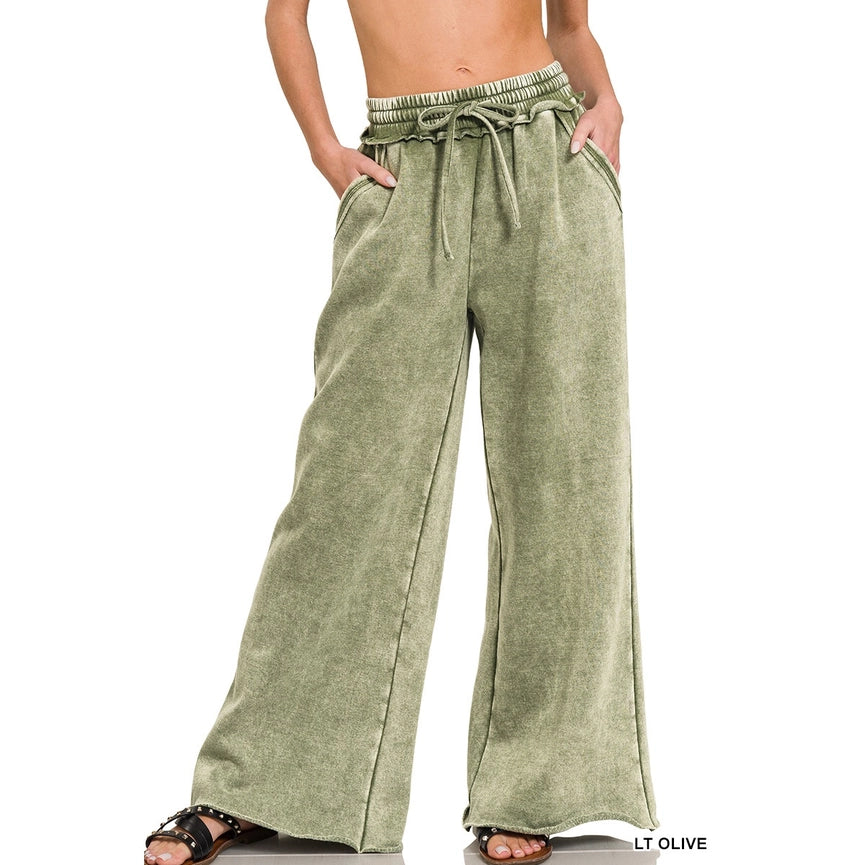 Acid Wash Fleece Palazzo Sweatpants with Pockets-Pants-Apolline-S-LT OLIVE-Urbanheer