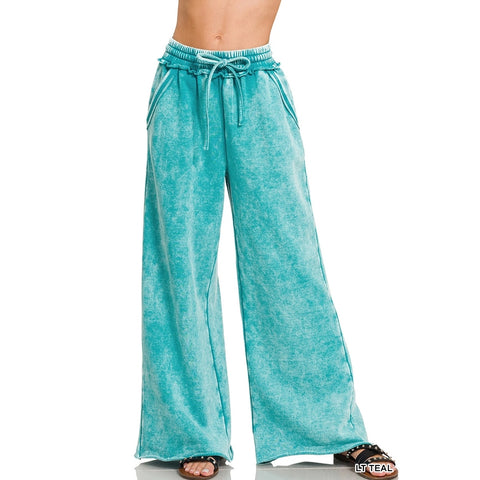 Acid Wash Fleece Palazzo Sweatpants with Pockets-Pants-Apolline-S-ASH BLACK-Urbanheer
