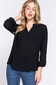 Active Basic Full Size Notched Long Sleeve Woven Top-Street 360-Black-S-Urbanheer