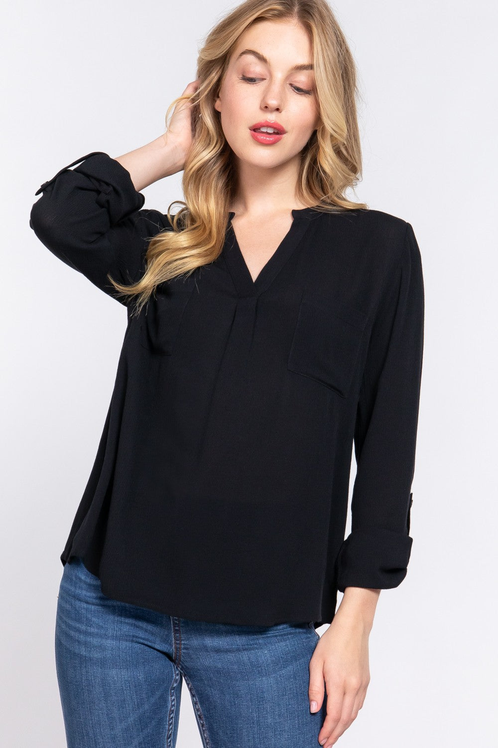 Active Basic Full Size Notched Long Sleeve Woven Top-Street 360-Black-S-Urbanheer