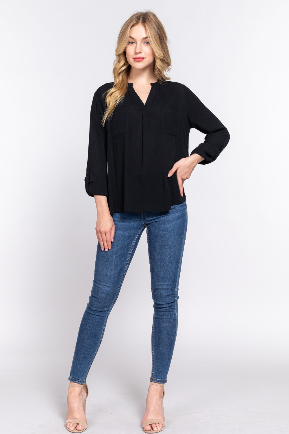 Active Basic Full Size Notched Long Sleeve Woven Top-Street 360-Black-S-Urbanheer