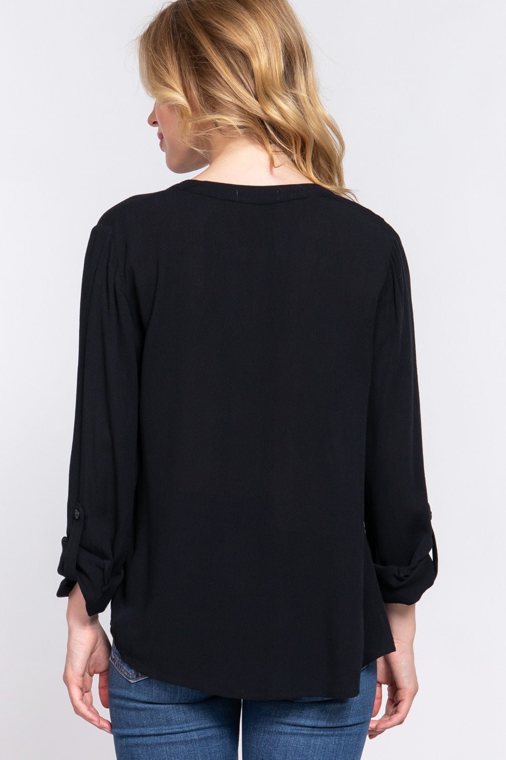 Active Basic Full Size Notched Long Sleeve Woven Top-Street 360-Black-S-Urbanheer