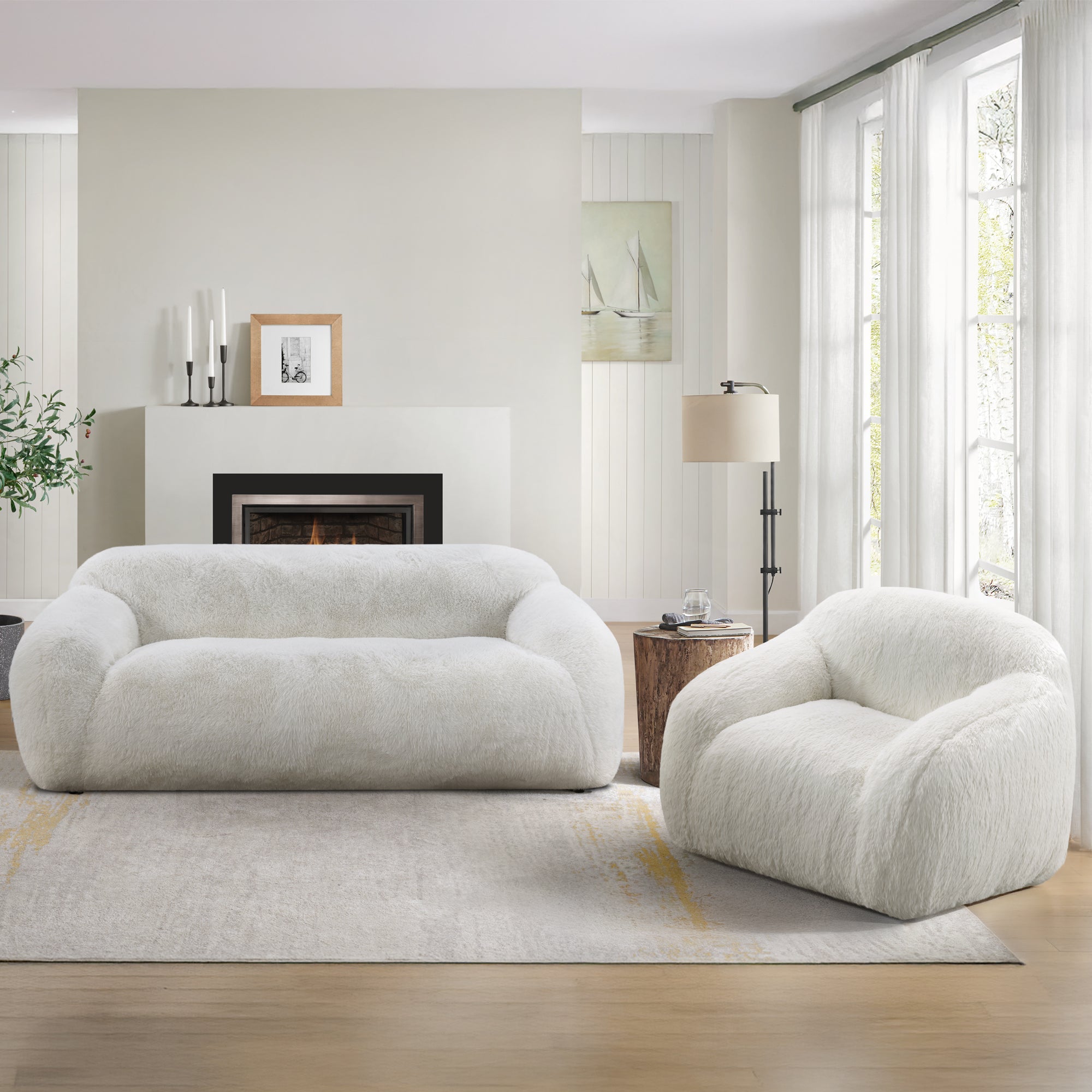 Adell Polar Bear 2-Piece Faux Fur Living Room Set with Sofa &amp; Swivel Cuddle Chair – Ivory White