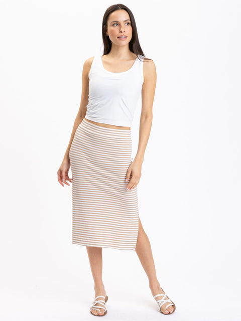 Adella Stripe Feather Rib Side-Slit Midi Skirt