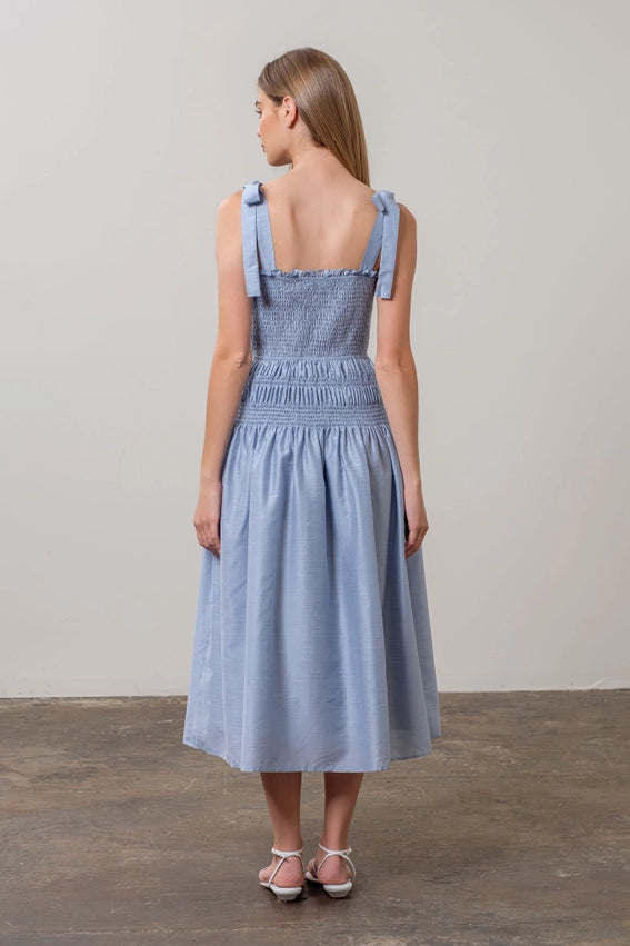 Adjustable Tie Strap Shirred Midi Dress BLUE-Dress-Moon River-XS-BLUE-Urbanheer