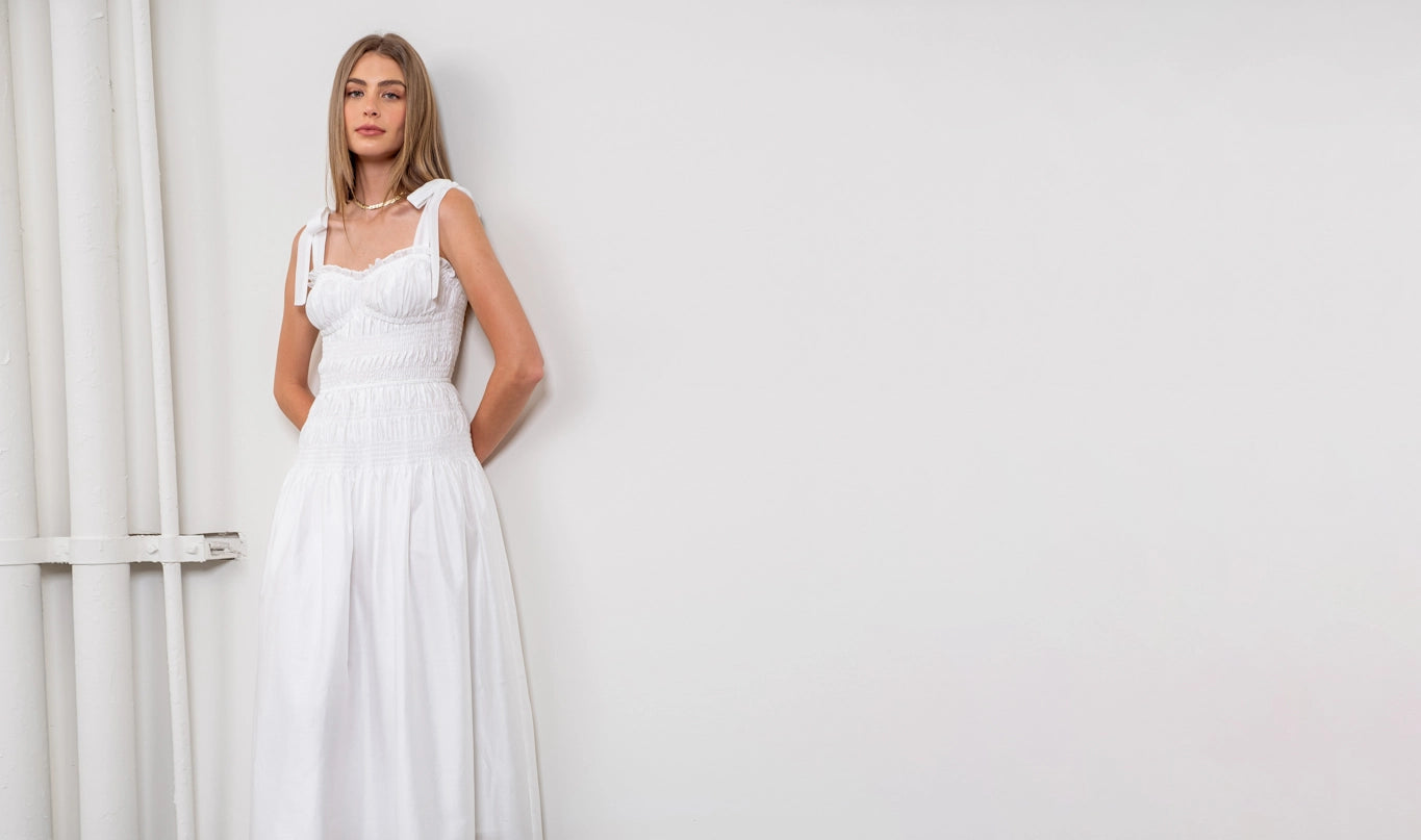 Adjustable Tie Strap Shirred Midi Dress WHITE-Dress-Moon River-XS-WHITE-Urbanheer