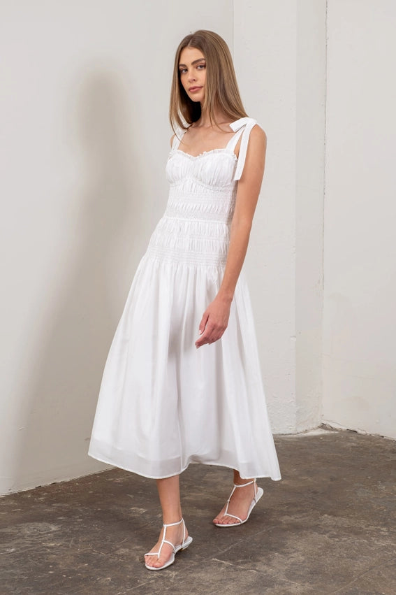 Adjustable Tie Strap Shirred Midi Dress WHITE-Dress-Moon River-XS-WHITE-Urbanheer