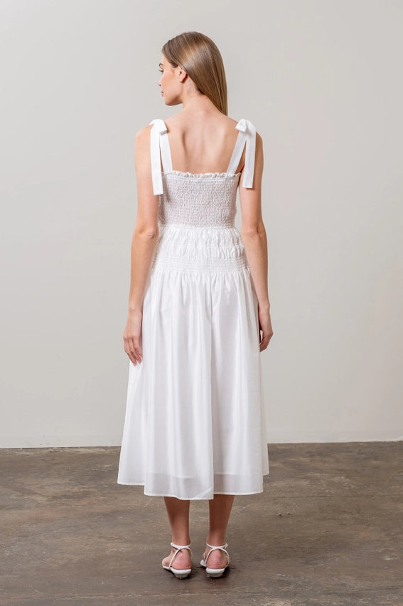 Adjustable Tie Strap Shirred Midi Dress WHITE-Dress-Moon River-XS-WHITE-Urbanheer
