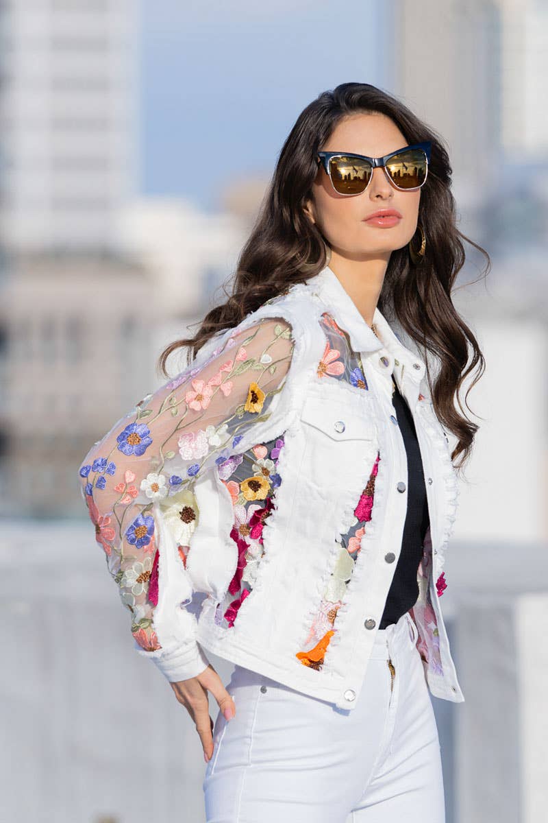 Adore - 2406W - White Denim Jacket with Floral Embroidery: M-Jacket-Adore-S-Urbanheer