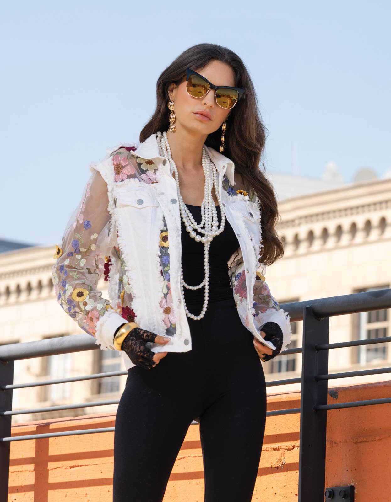 Adore - 2406W - White Denim Jacket with Floral Embroidery: M-Jacket-Adore-S-Urbanheer