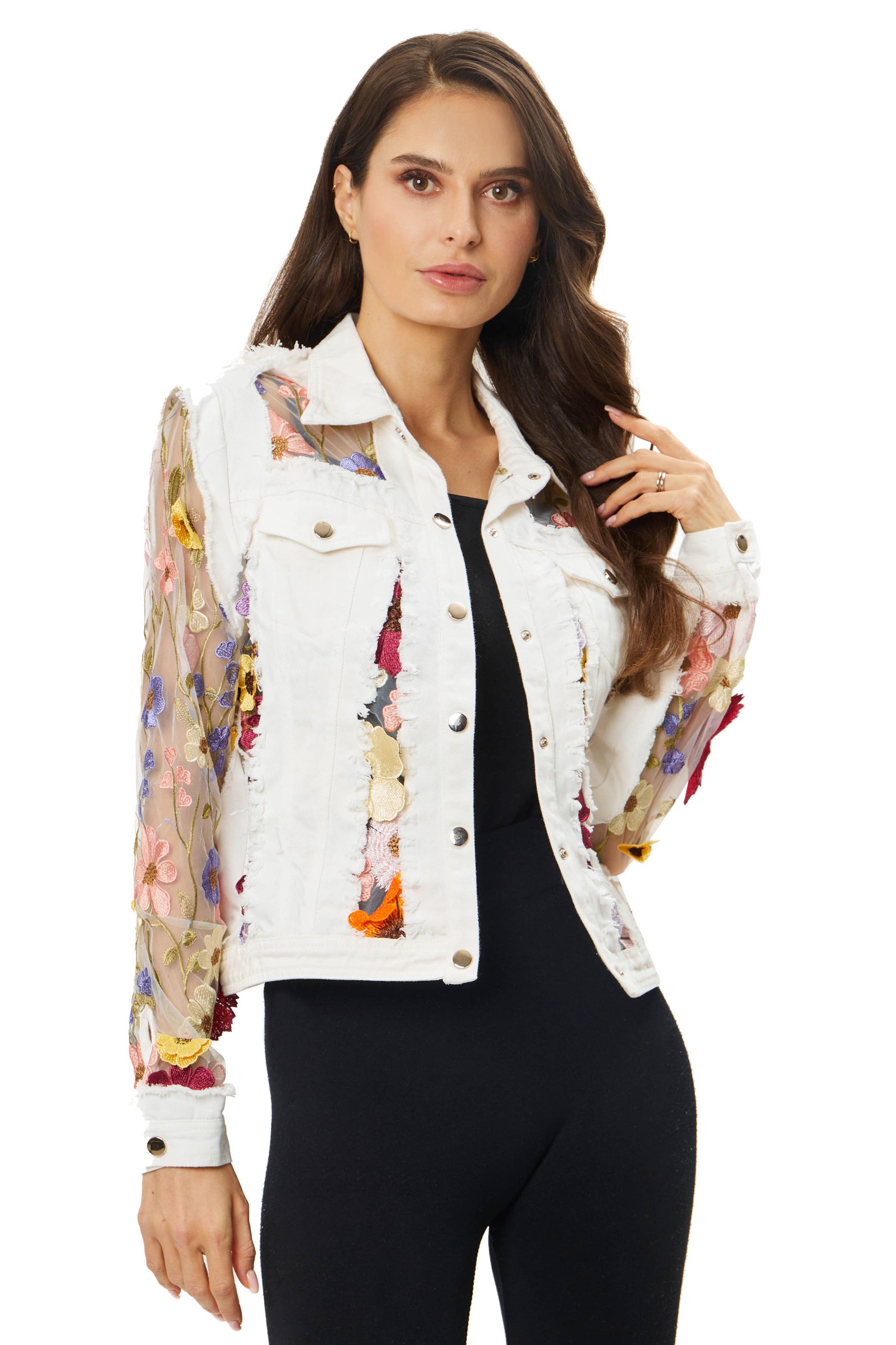 Adore - 2406W - White Denim Jacket with Floral Embroidery: M-Jacket-Adore-S-Urbanheer