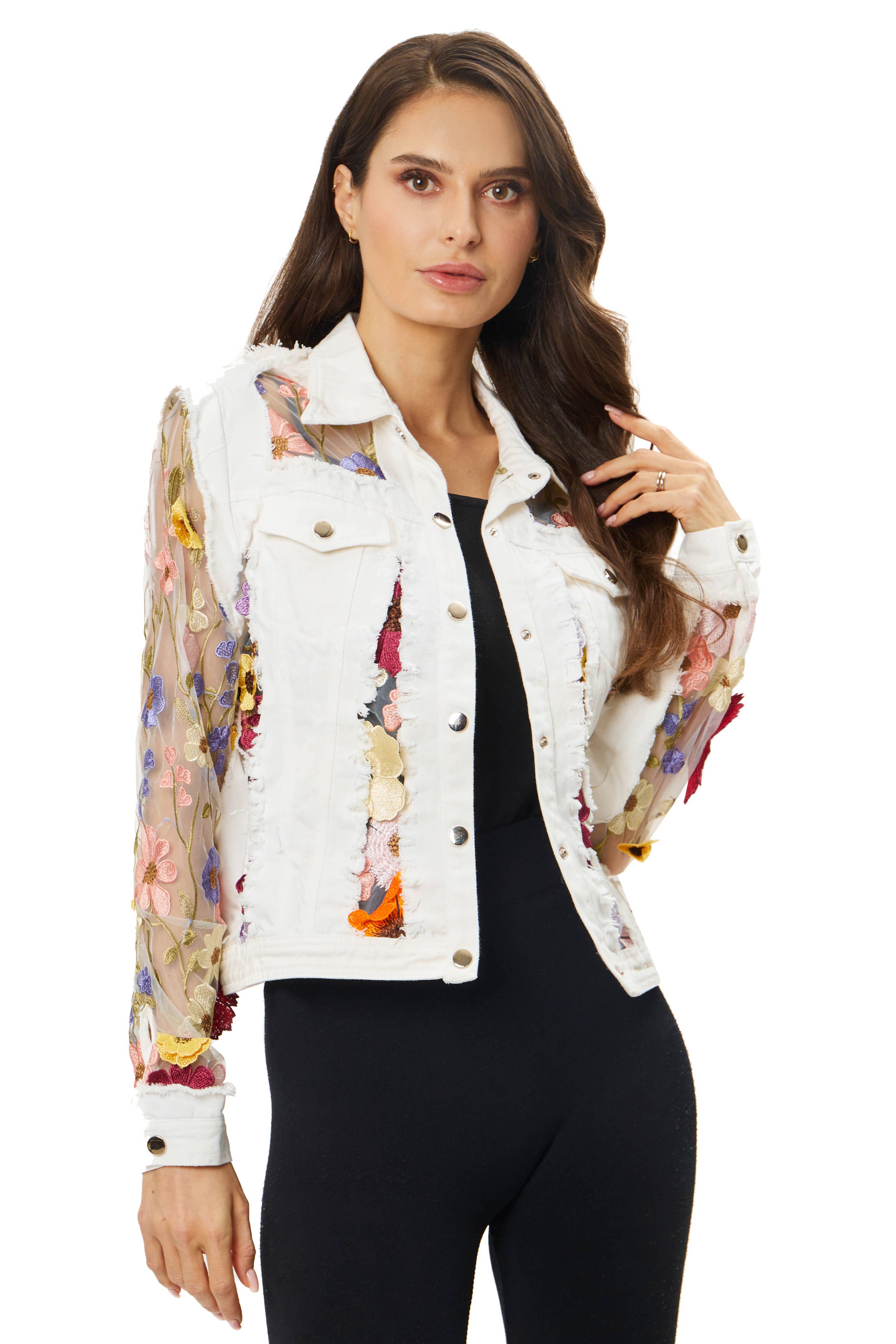 Adore - 2406W - White Denim Jacket with Floral Embroidery: M-Jacket-Adore-S-Urbanheer