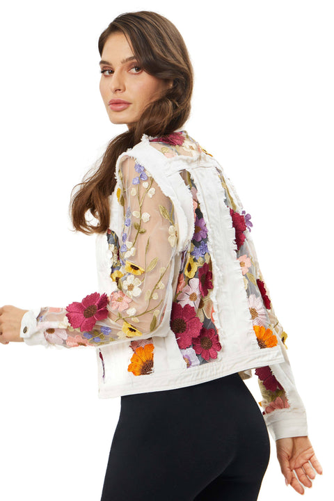 Adore - 2406W - White Denim Jacket with Floral Embroidery: M-Jacket-Adore-S-Urbanheer