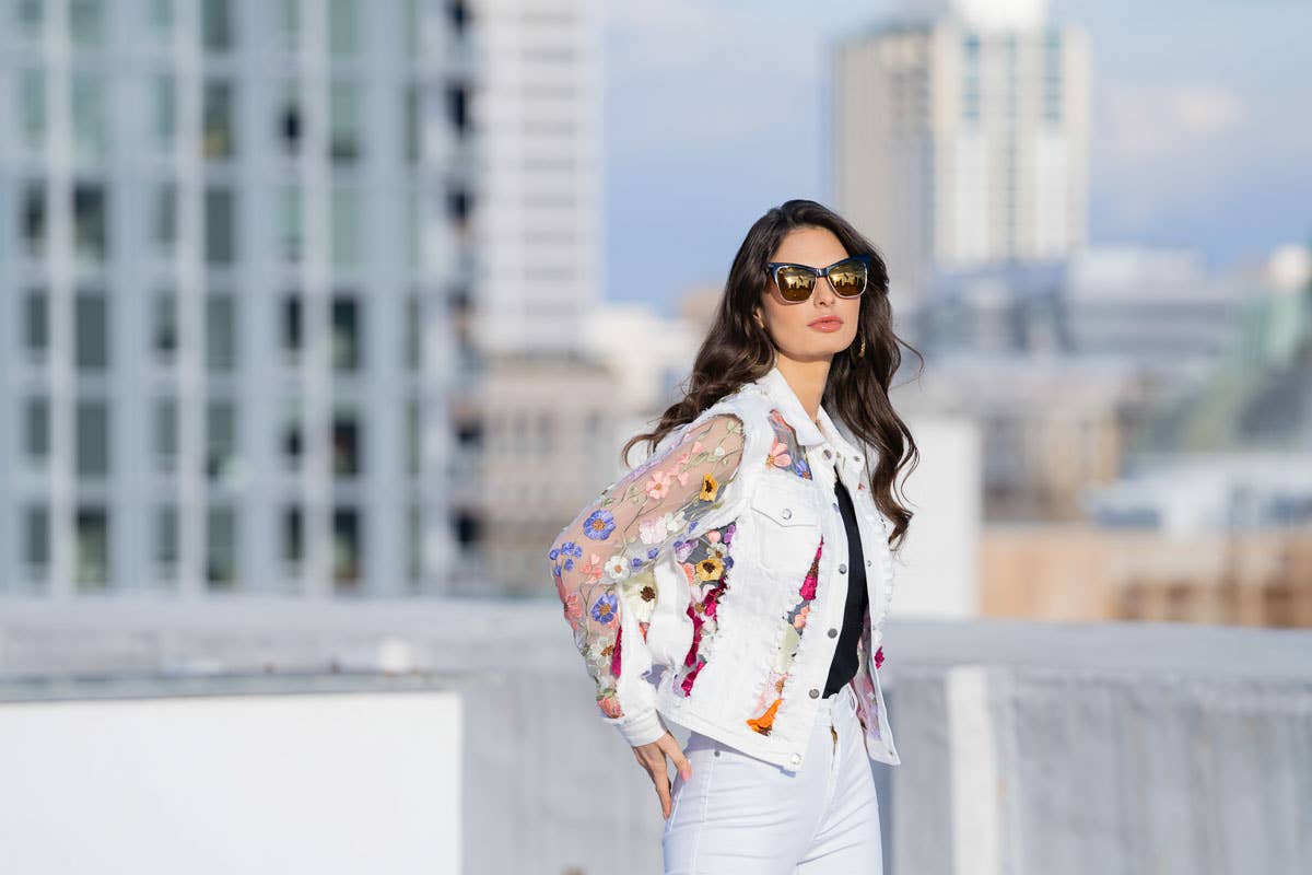 Adore - 2406W - White Denim Jacket with Floral Embroidery: M-Jacket-Adore-S-Urbanheer