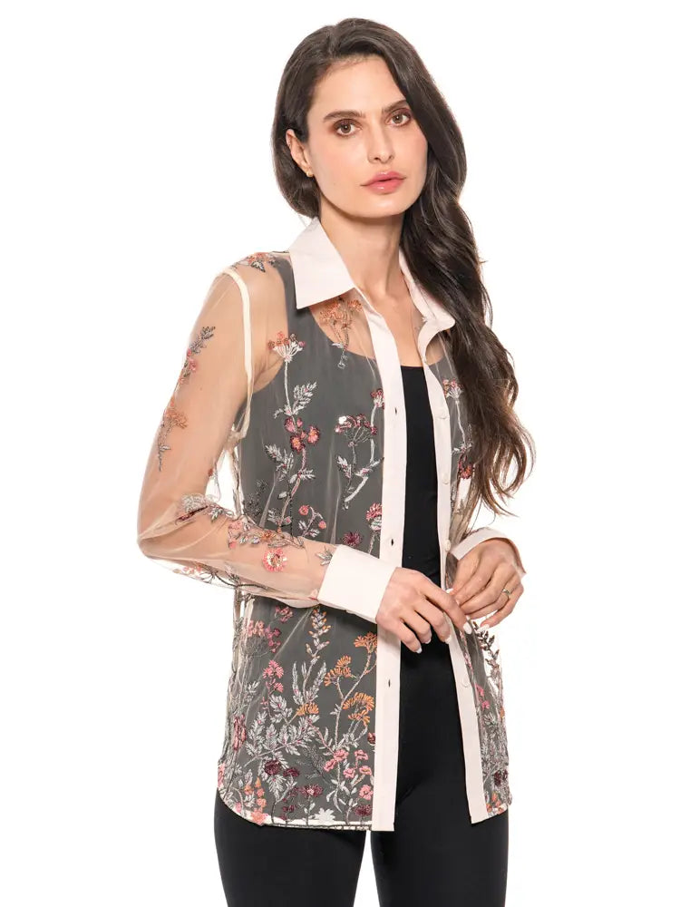 Adore Button Down Mesh with Sequence Embroidery