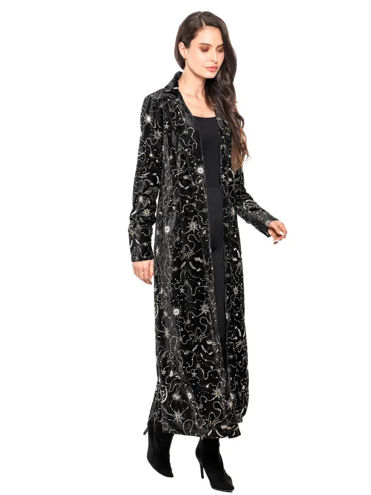 Adore Celestial Embroidered Velvet Duster – Black