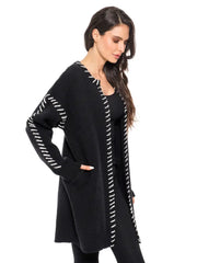 Adore Contrast Whipstitch Longline Cardigan – Black
