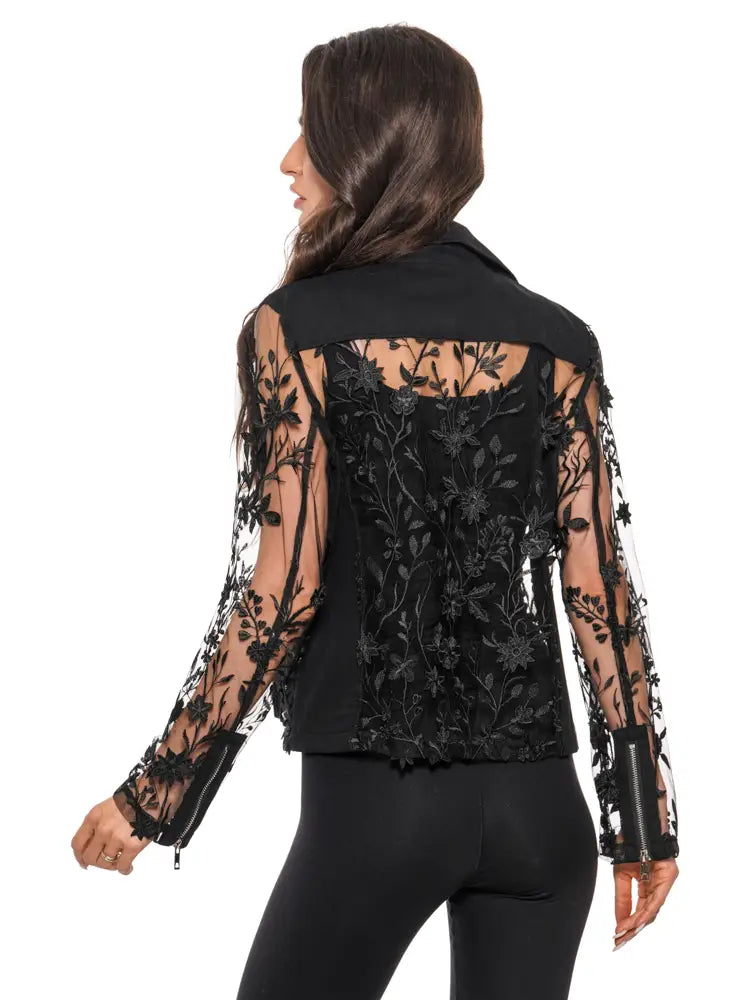 Adore Floral Embroidered Mesh Moto Jacket –Black Elegance