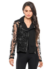 Adore Floral Embroidered Mesh Moto Jacket –Black Elegance