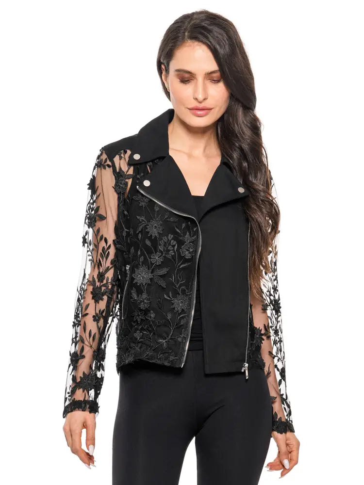 Adore Floral Embroidered Mesh Moto Jacket –Black Elegance