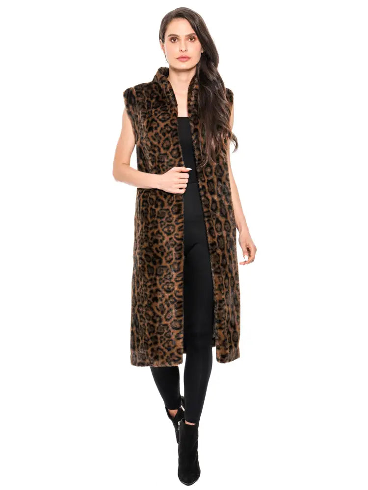 Adore Leopard Print Long Faux Fur Vest – Brown/Black
