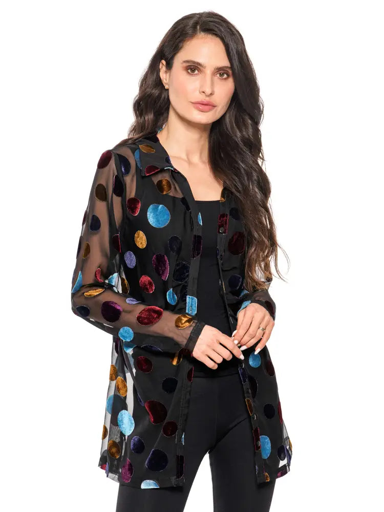 Adore Longline Sheer Velvet Polka Dot Shirt