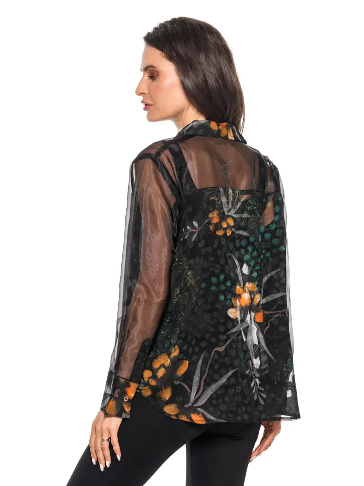 Adore Sheer Floral Mesh Button-Up Blouse