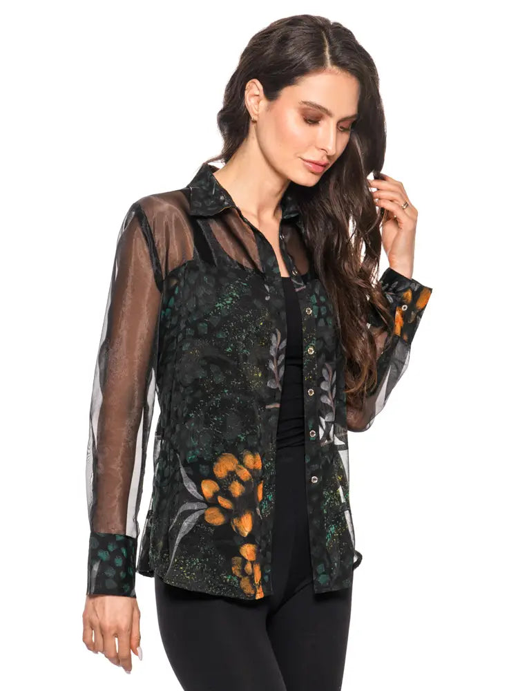 Adore Sheer Floral Mesh Button-Up Blouse