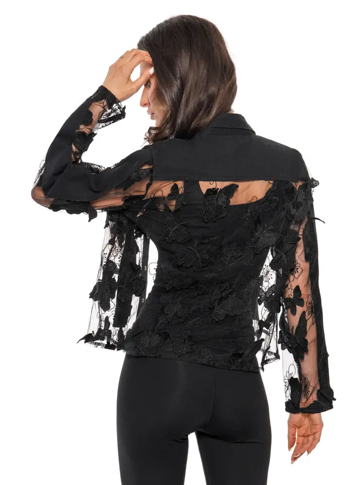 Adore Sheer Lace Appliqué Denim Jacket – Black Butterfly