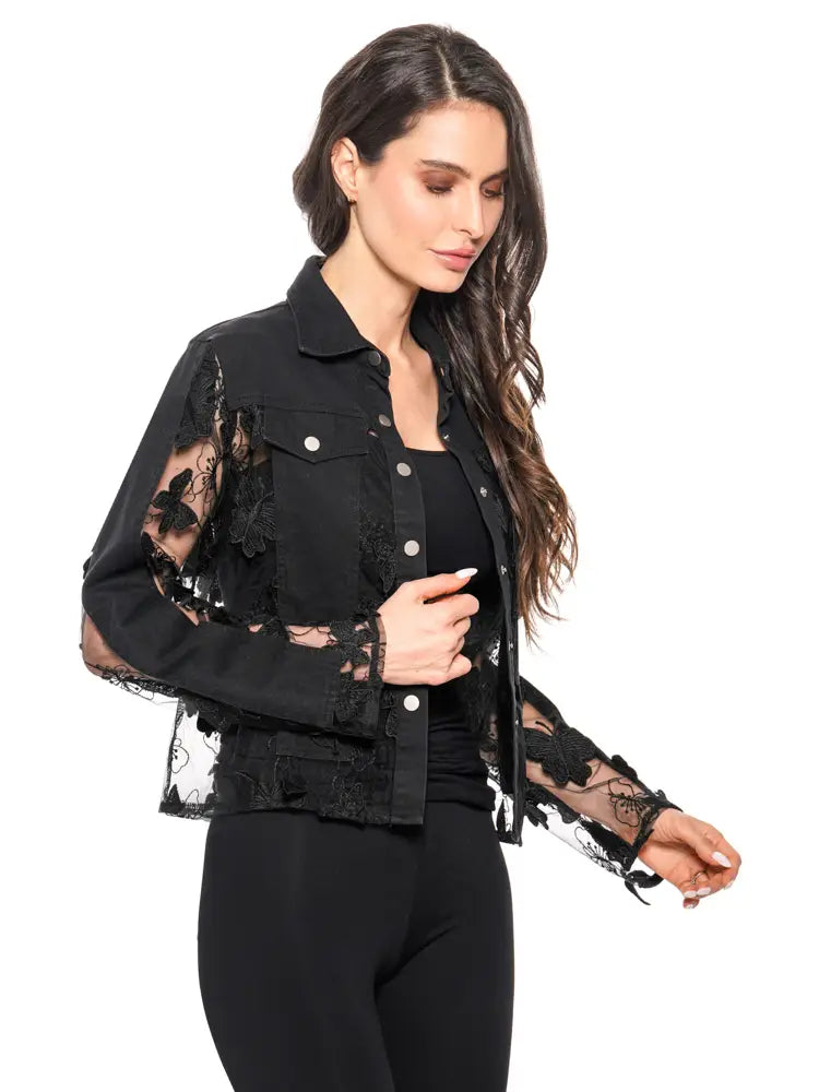 Adore Sheer Lace Appliqué Denim Jacket – Black Butterfly