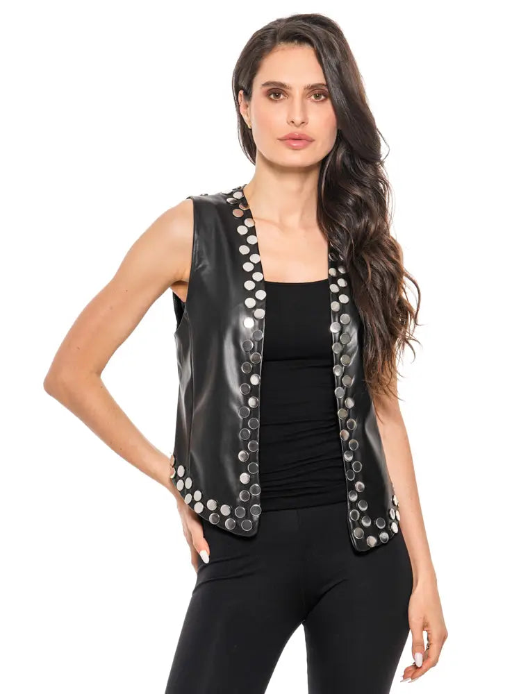 Adore Studded Faux Leather Vest – Black