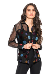 Velvet Polka Dot Sheer Button-Up Shirt