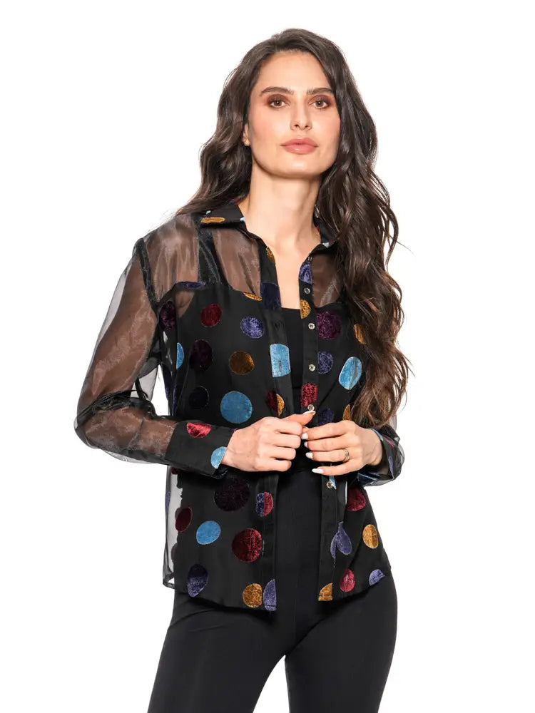Velvet Polka Dot Sheer Button-Up Shirt