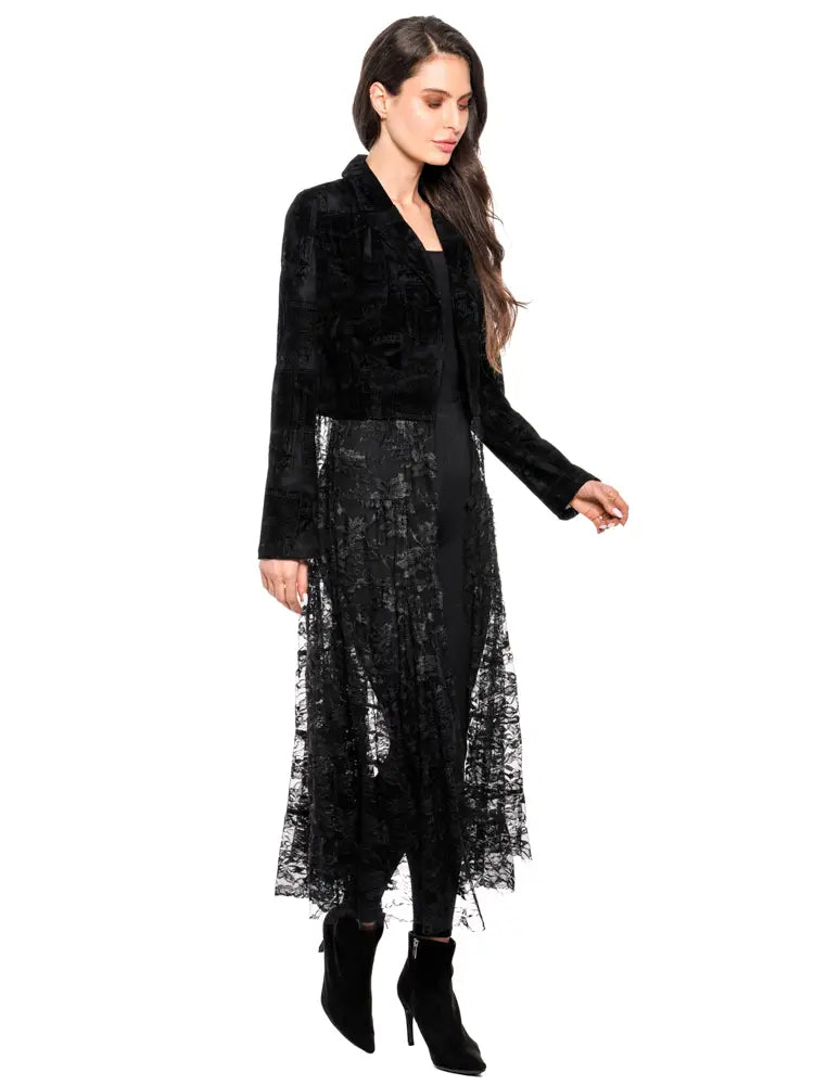 Adore Velvet & Sheer Lace Longline Jacket – Noir Elegance
