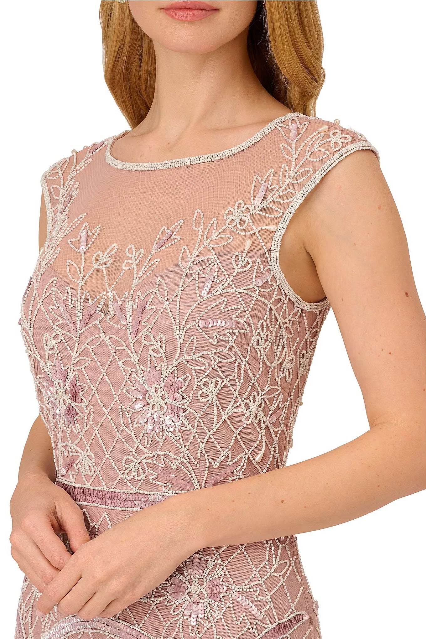 Adrianna Papell Beaded Illusion Boat Neck Sleeveless Cap Sleeve Dress-Clothes-Adrianna Papell-DUSTY PETAL IVORY-0P-Urbanheer