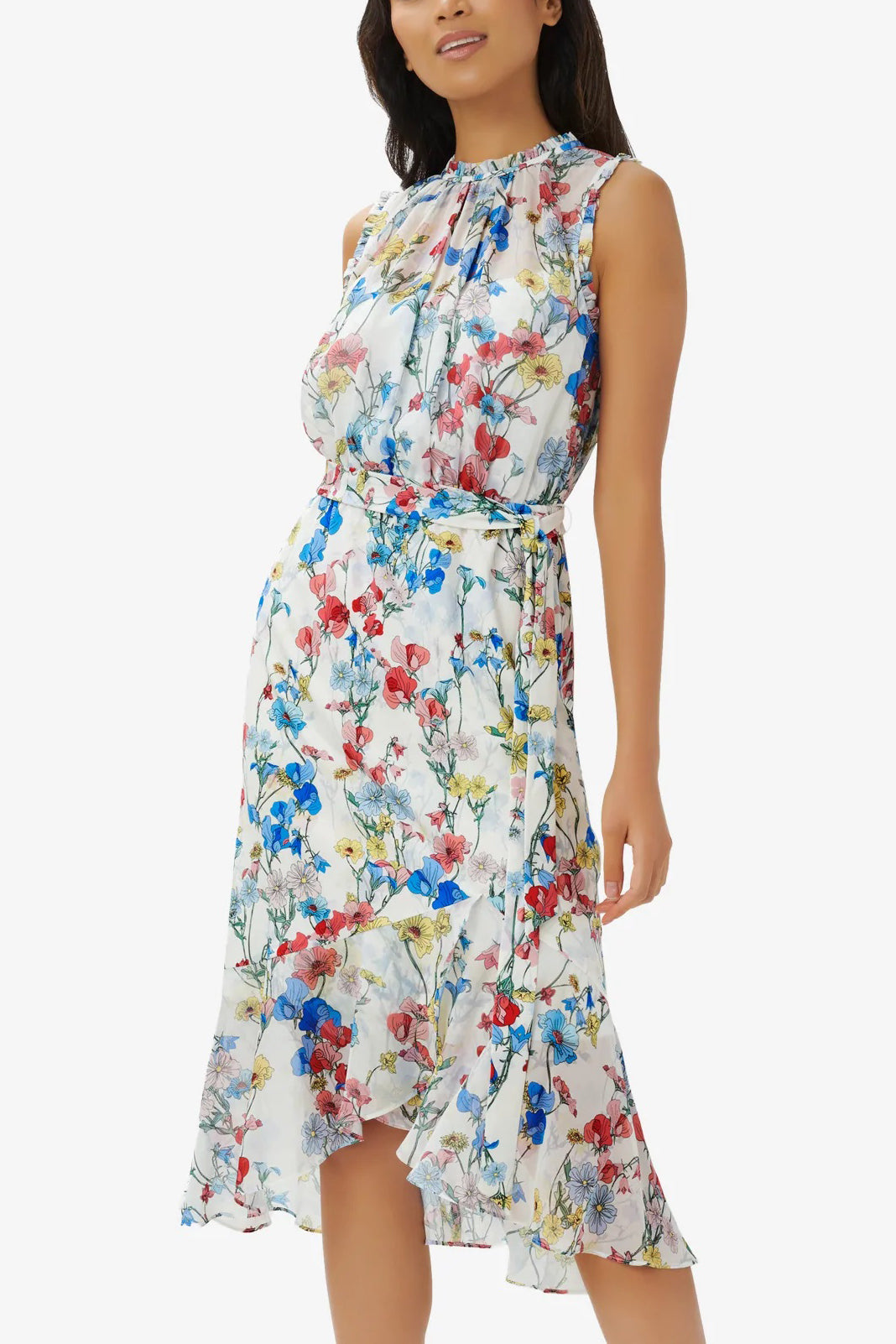 Adrianna Papell Crew Neck Back Zipper Sleeveless Floral Chiffon Midi Dress-Clothes-Adrianna Papell Day-IVORY CORAL MULTI-12-Urbanheer