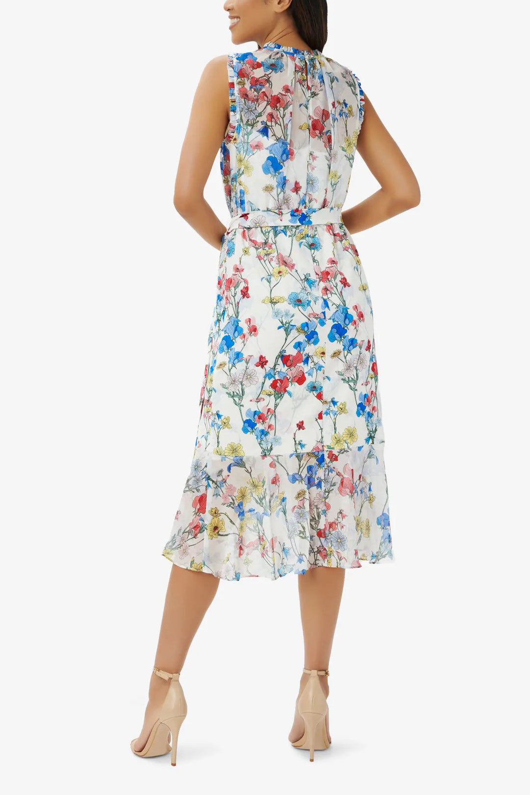 Adrianna Papell Crew Neck Back Zipper Sleeveless Floral Chiffon Midi Dress-Clothes-Adrianna Papell Day-IVORY CORAL MULTI-12-Urbanheer