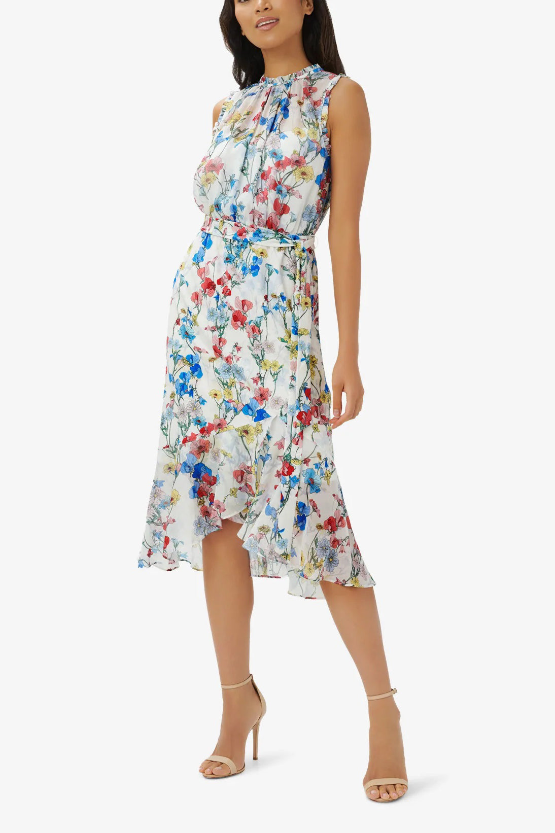 Adrianna Papell Crew Neck Back Zipper Sleeveless Floral Chiffon Midi Dress-Clothes-Adrianna Papell Day-IVORY CORAL MULTI-12-Urbanheer