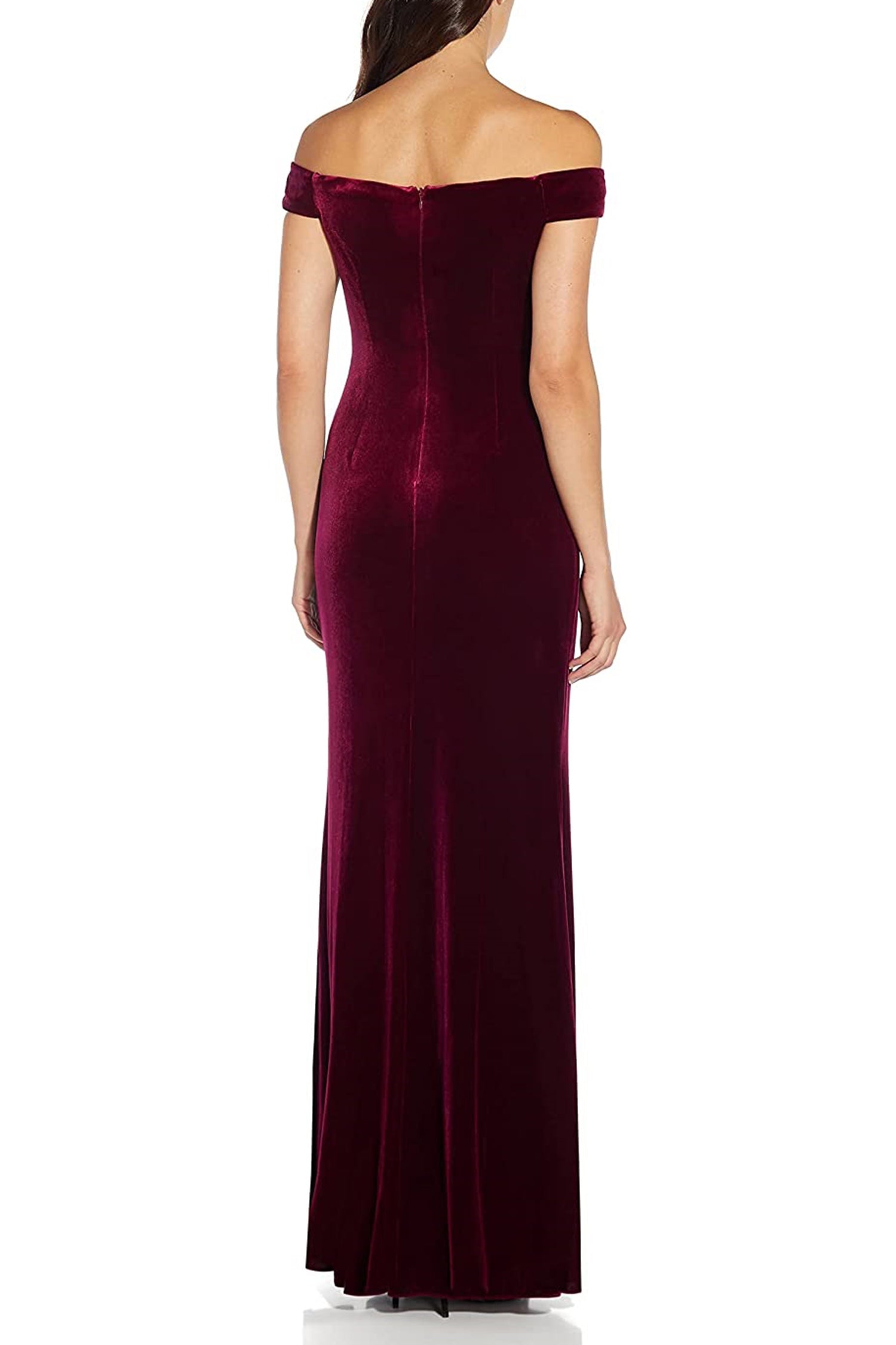 Adrianna Papell Off Shoulder Pleated Front Zipper Back Velvet Gown-Clothes-Adrianna Papell-DARK BURGUNDY-0-Urbanheer