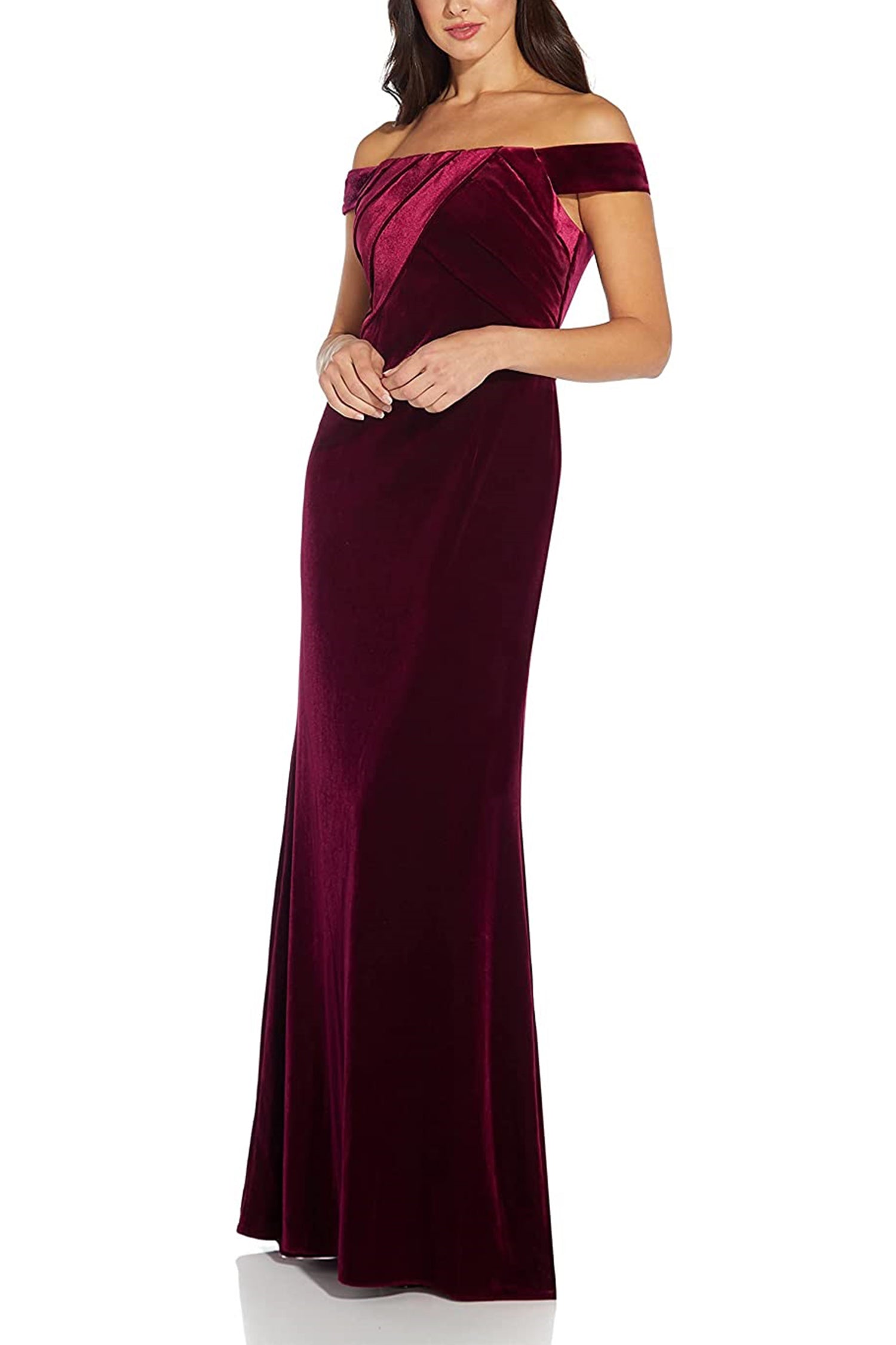 Adrianna Papell Off Shoulder Pleated Front Zipper Back Velvet Gown-Clothes-Adrianna Papell-DARK BURGUNDY-0-Urbanheer