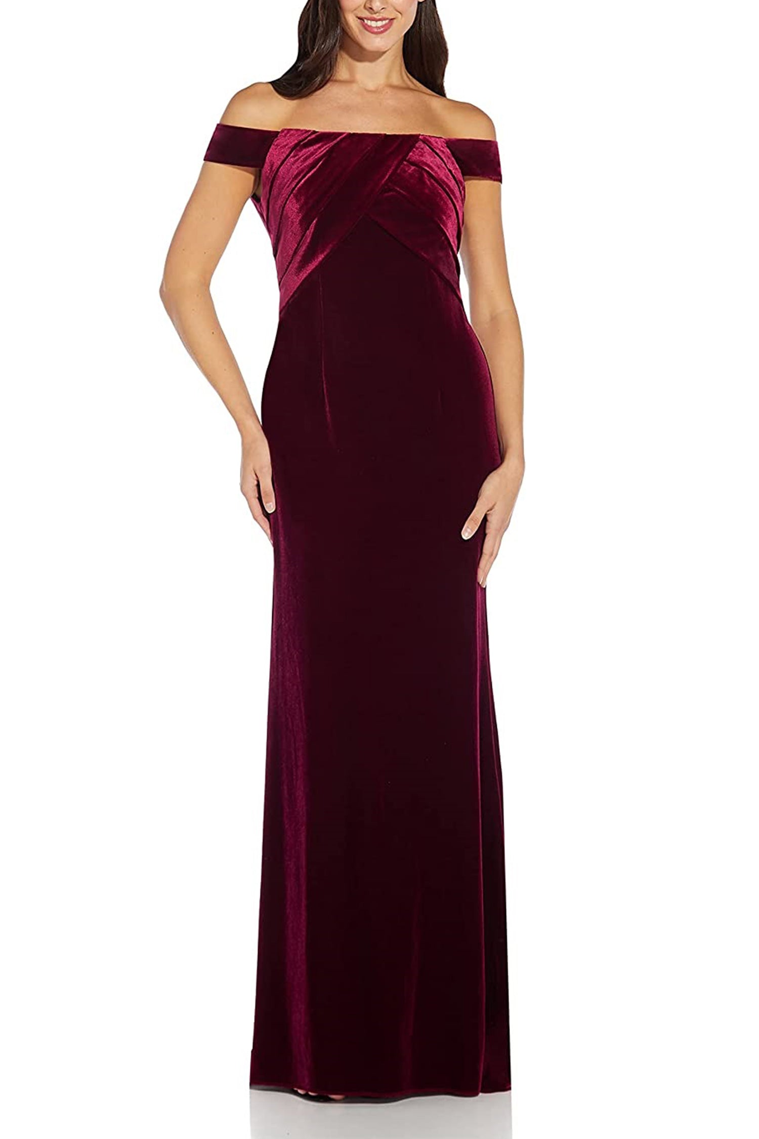Adrianna Papell Off Shoulder Pleated Front Zipper Back Velvet Gown-Clothes-Adrianna Papell-DARK BURGUNDY-0-Urbanheer