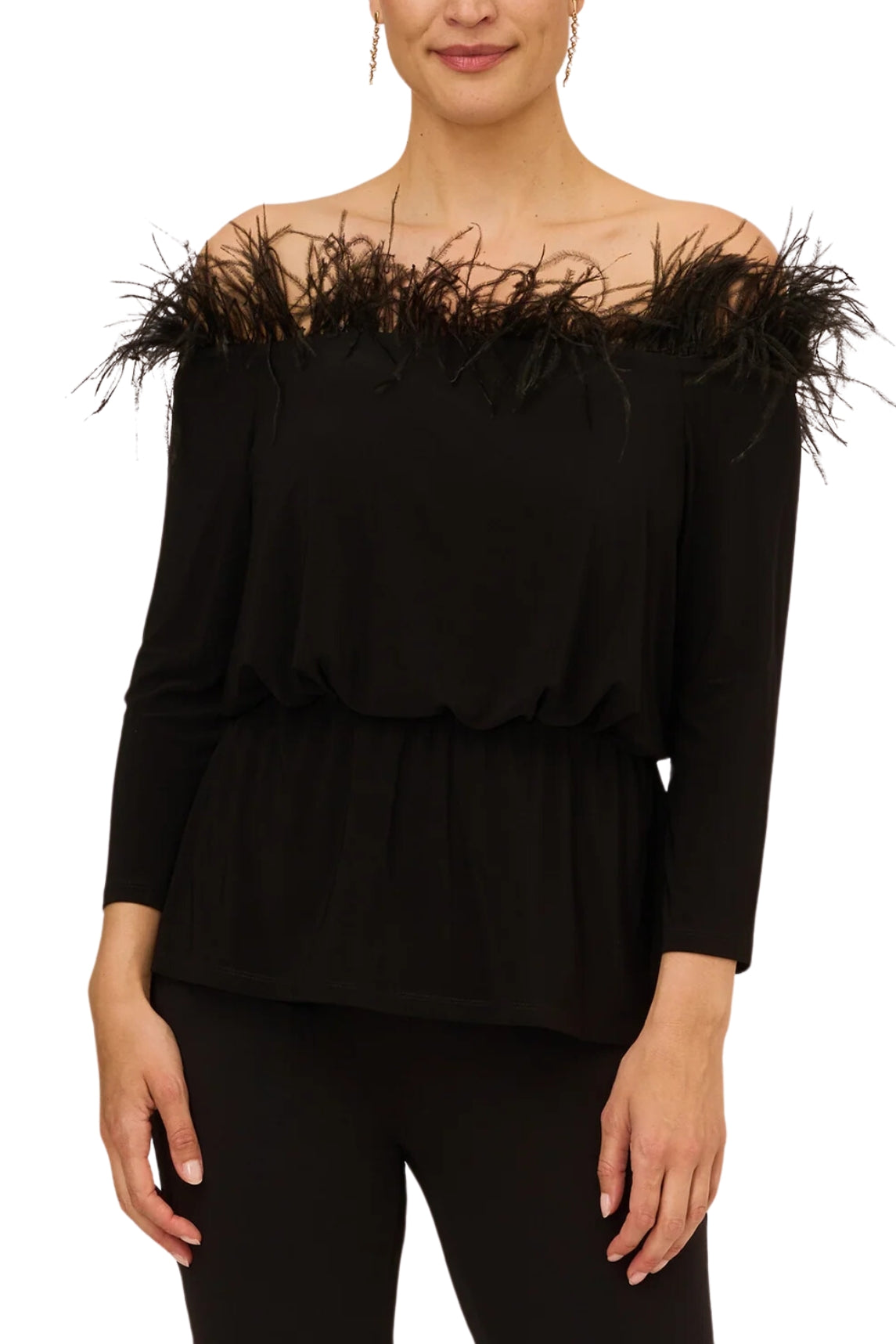 Adrianna Papell Off The Shoulder 3/4 Sleeve with Feaher Accents - Wholesale-MISSY TOPS EVENING-Adrianna Papell-BLACK-10-Urbanheer