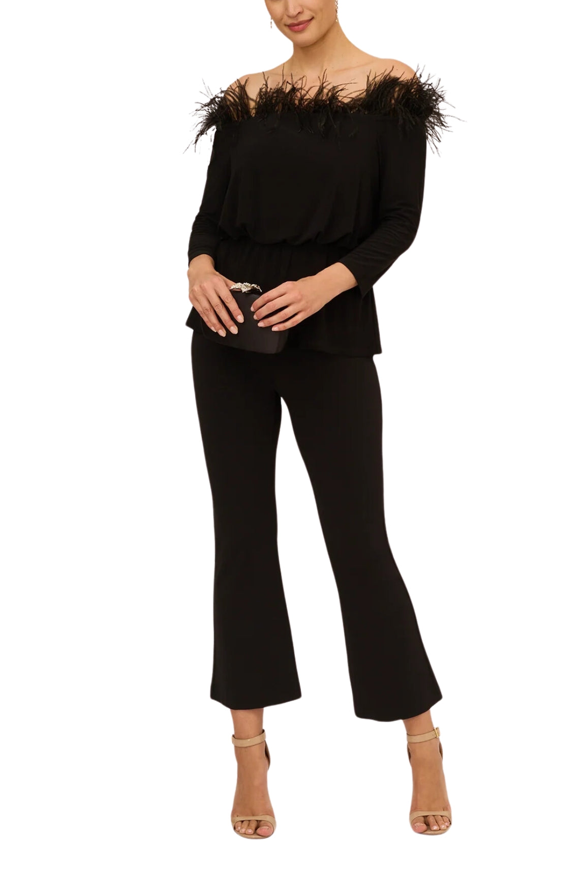 Adrianna Papell Off The Shoulder 3/4 Sleeve with Feaher Accents - Wholesale-MISSY TOPS EVENING-Adrianna Papell-BLACK-10-Urbanheer