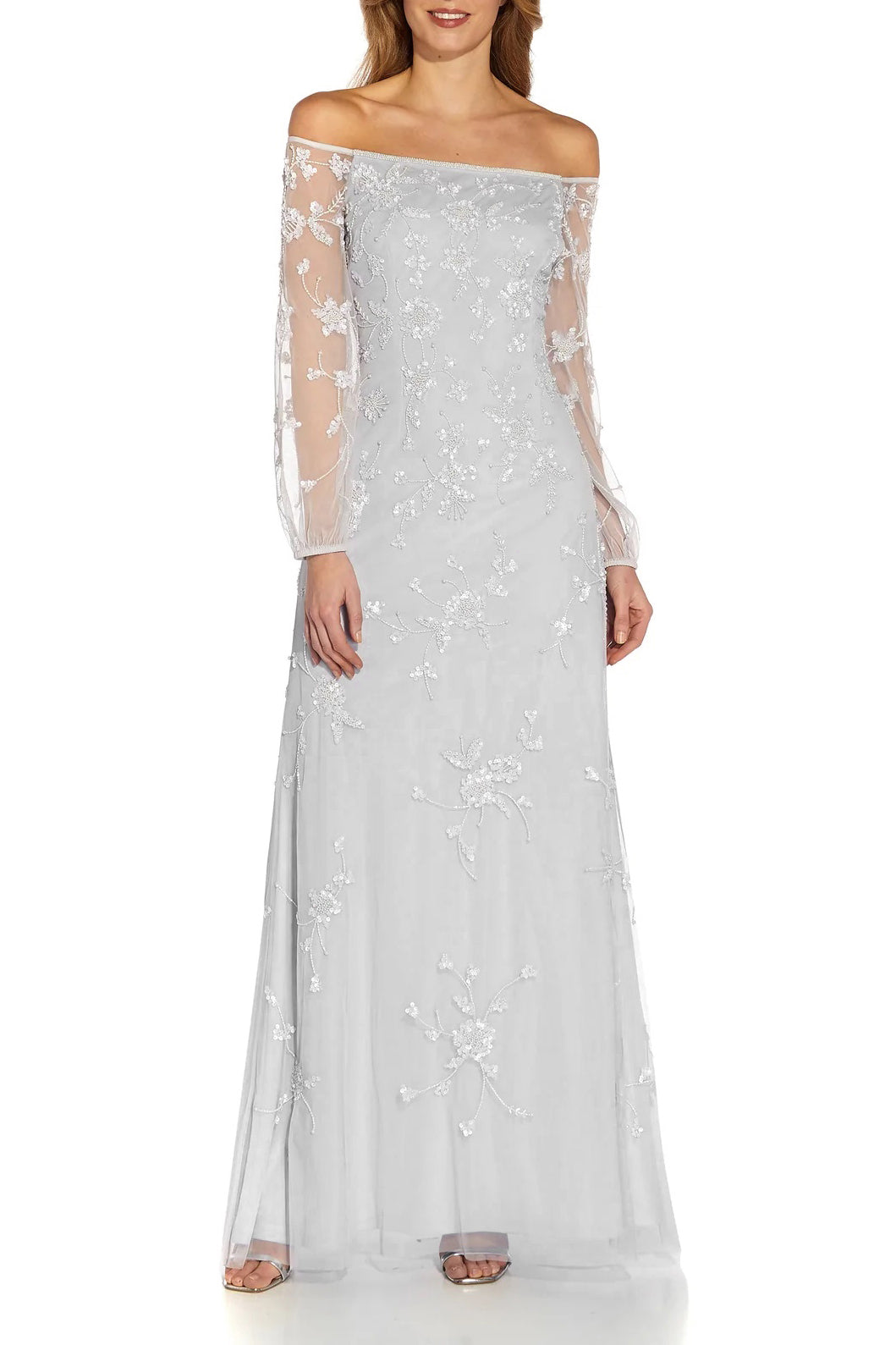 Adrianna Papell Off The Shoulder Long Sleeves Back Zipper Long Beaded Dress-Clothes-Adrianna Papell-IVORY BISCOTTI-10-Urbanheer