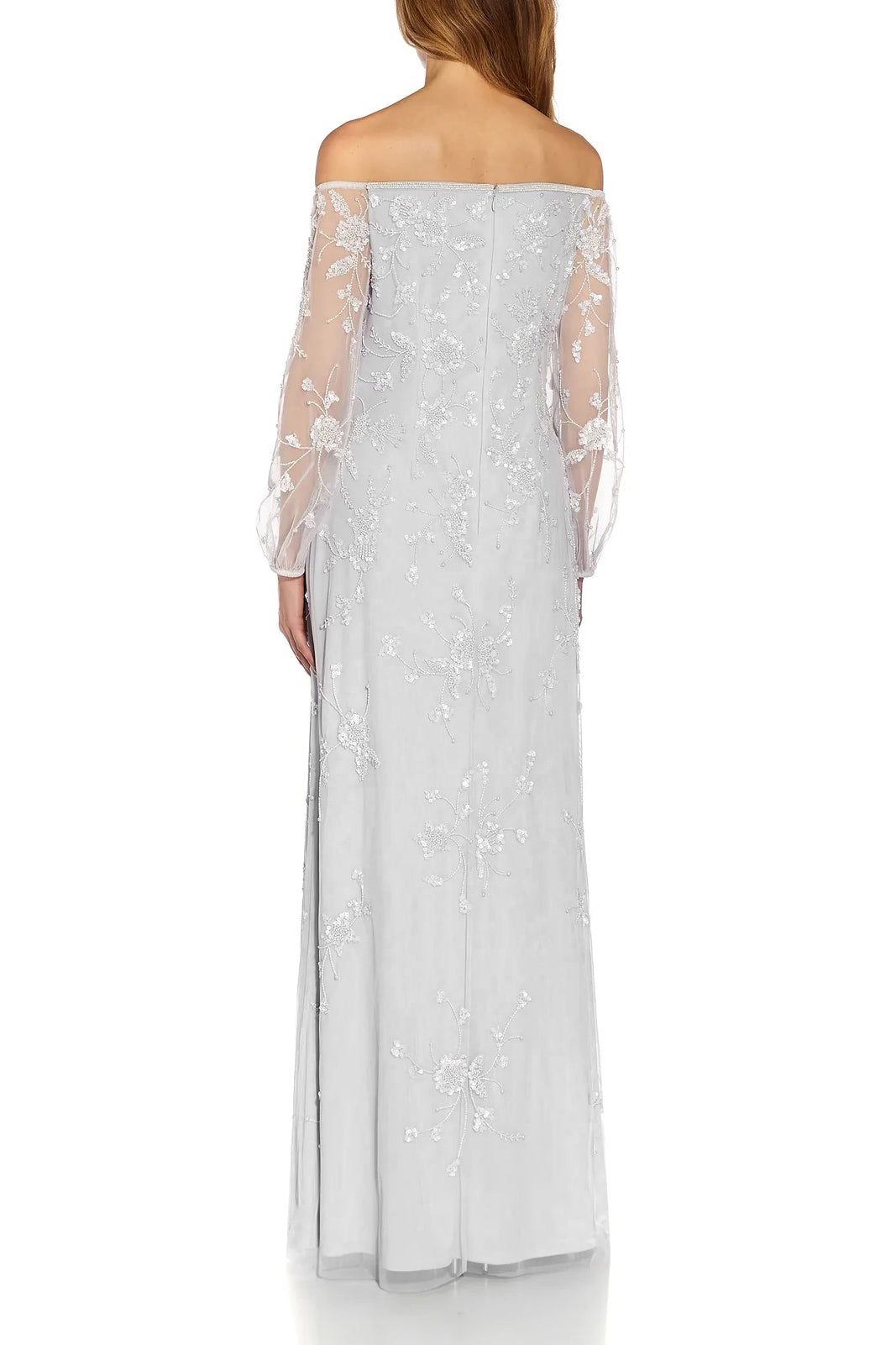 Adrianna Papell Off The Shoulder Long Sleeves Back Zipper Long Beaded Dress-Clothes-Adrianna Papell-IVORY BISCOTTI-10-Urbanheer
