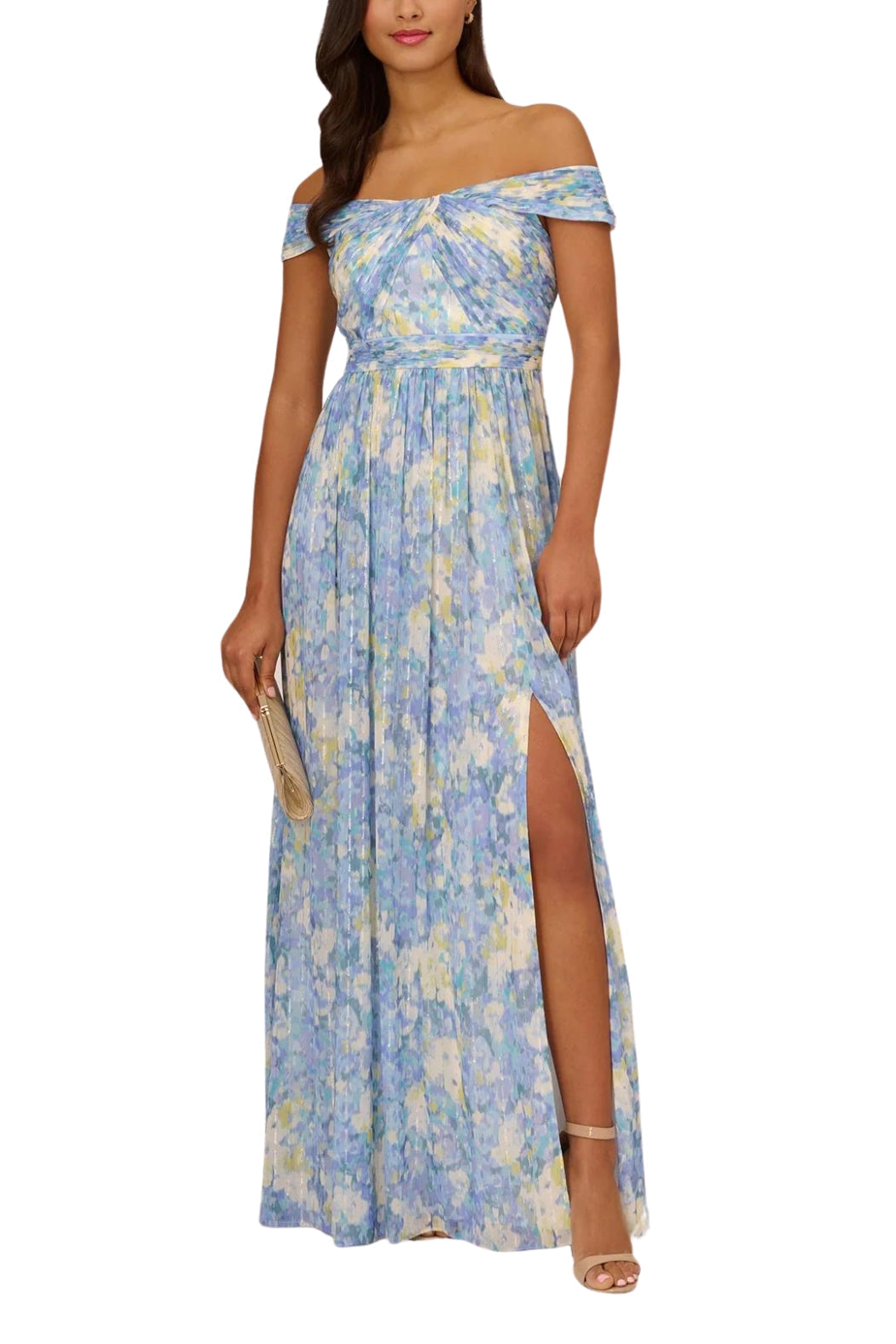 Adrianna Papell Off the Shoulder Chiffon Gown-Clothes-Adrianna Papell-BLUE MULTI-2-Urbanheer
